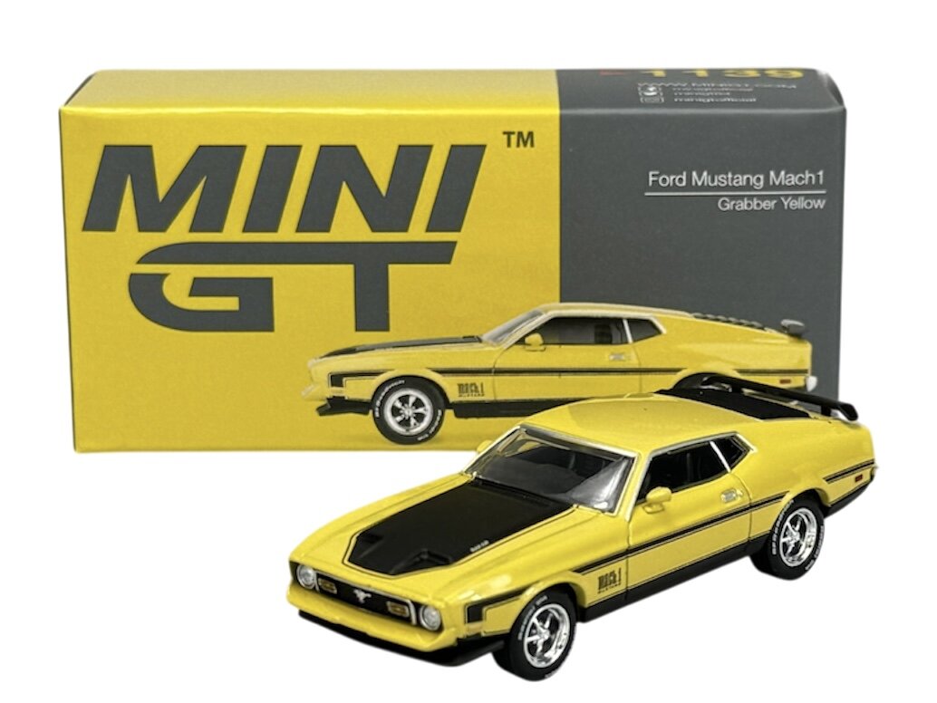Model samochodu w kolorze żółtym z czarnymi detalami, przedstawiony przed pudełkiem z napisem \'MINI GT\' oraz \'Ford Mustang Mach1 Grabber Yellow\'.