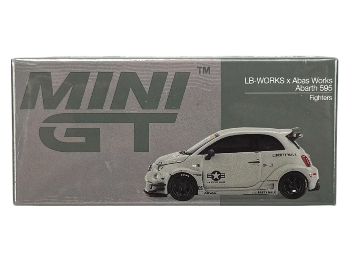 Opakowanie modelu samochodu z napisem \'MINI GT\' oraz grafiką szarego auta z oznaczeniami \'LB-WORKS x Abas Works Abarth 595 Fighters\'.
