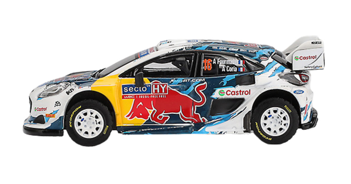 Model samochodu rajdowego z kolorowymi grafikami i logotypami, w tym \'Red Bull\', \'Castrol\' oraz \'secio HY\'. Samochód ma aerodynamiczny kształt z dużym tylnym spojlerem.