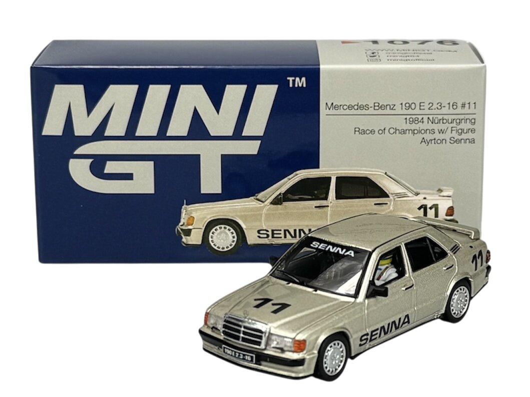 Model samochodu Mercedes-Benz 190 E 2.3-16 z numerem 11 i napisem \'SENNA\' na boku. W tle pudełko z napisem \'MINI GT\' oraz szczegółami modelu.