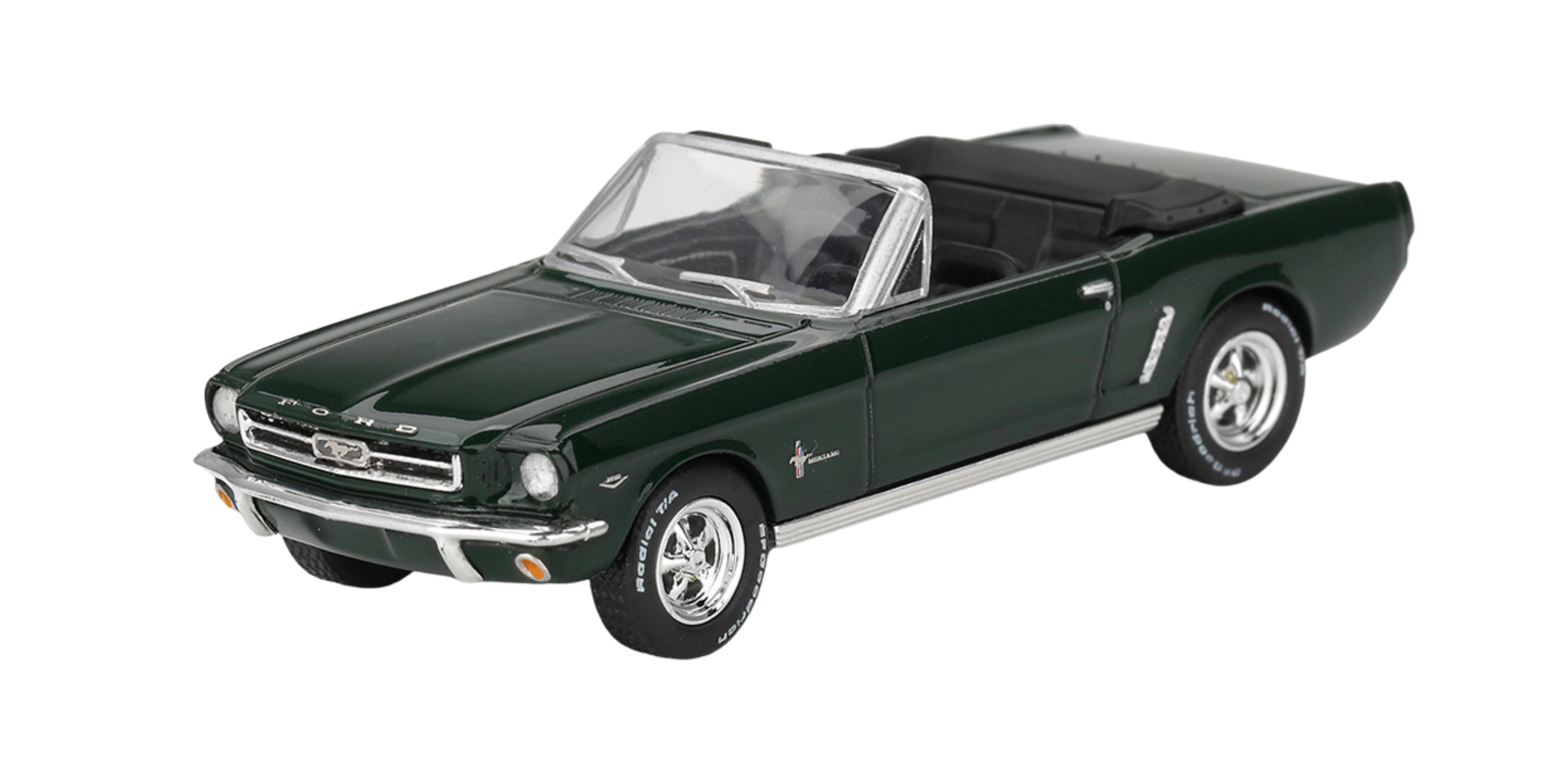 Model samochodu w skali 1:64 przedstawiający zielony kabriolet z 1964 roku. Posiada szczegółowe elementy, takie jak chromowane zderzaki i otwarty dach.