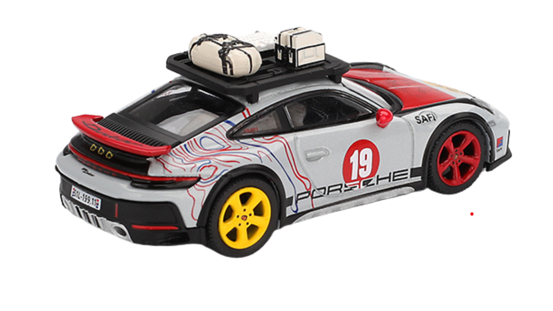 Model samochodu w skali 1:64 przedstawiający sportowy pojazd z numerem 19 na drzwiach, z bagażem na dachu i kolorowymi felgami. Na boku widoczny napis \'Porsche\'.