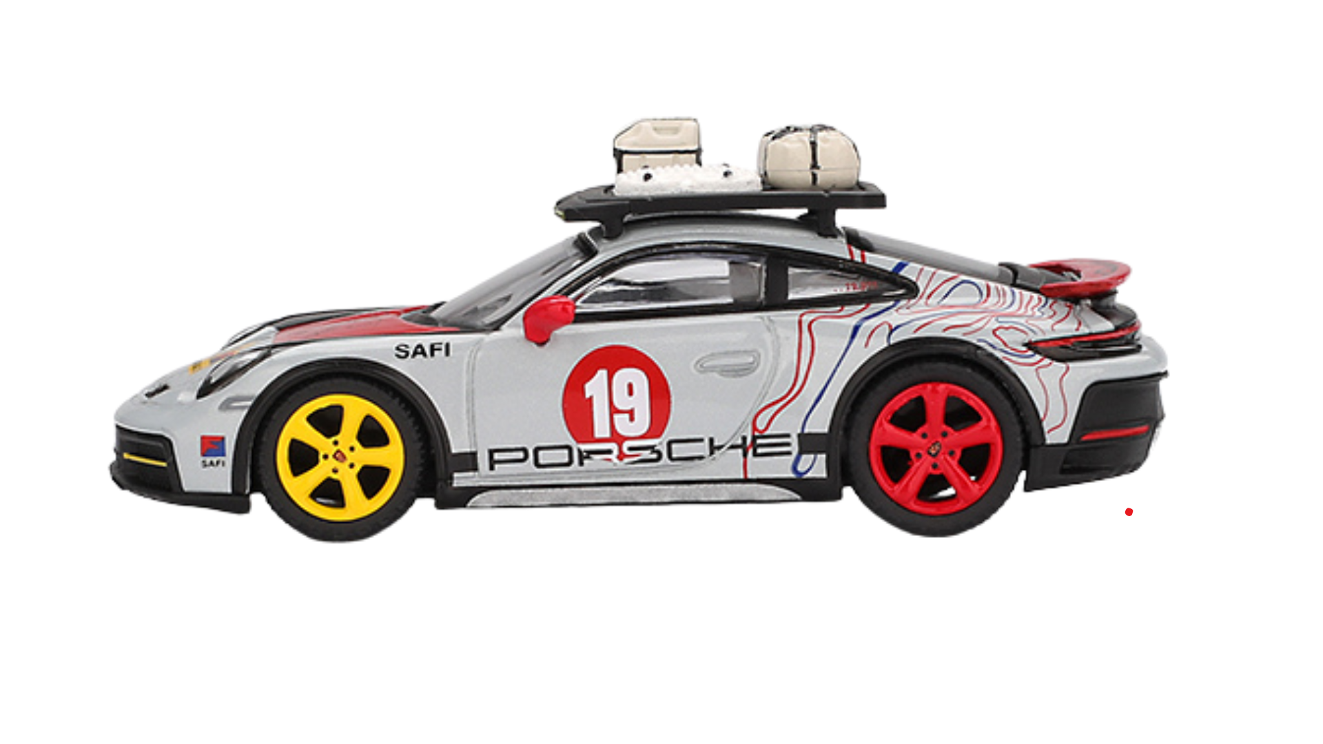 Model samochodu w skali 1:64 przedstawiający Porsche 911 z numerem 19 na boku. Posiada żółte i czerwone felgi oraz bagażnik dachowy z bagażami.