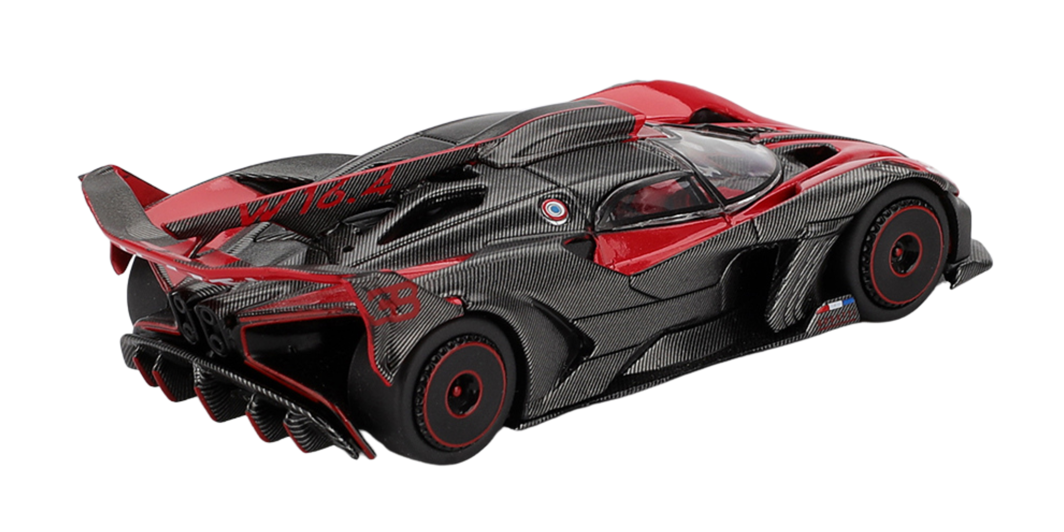 Model samochodu wyścigowego w skali 1:64, w kolorze czerwonym i czarnym, z widocznymi detalami aerodynamicznymi i numerem 16.4 na tylnej części.