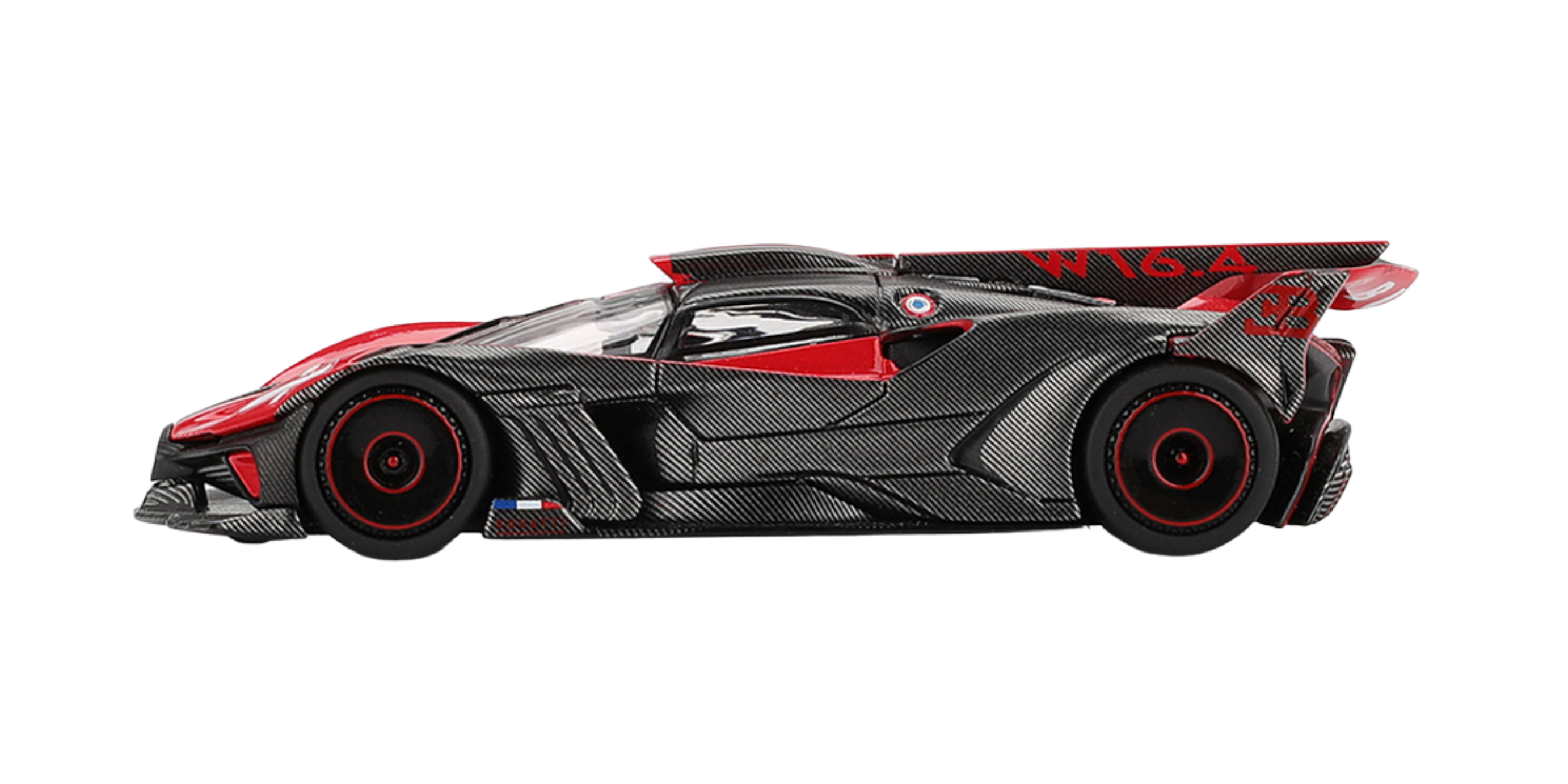 Model samochodu wyścigowego w kolorze czarno-czerwonym z widocznymi detalami aerodynamicznymi i napisem \'W16.4\' na tylnym skrzydle.