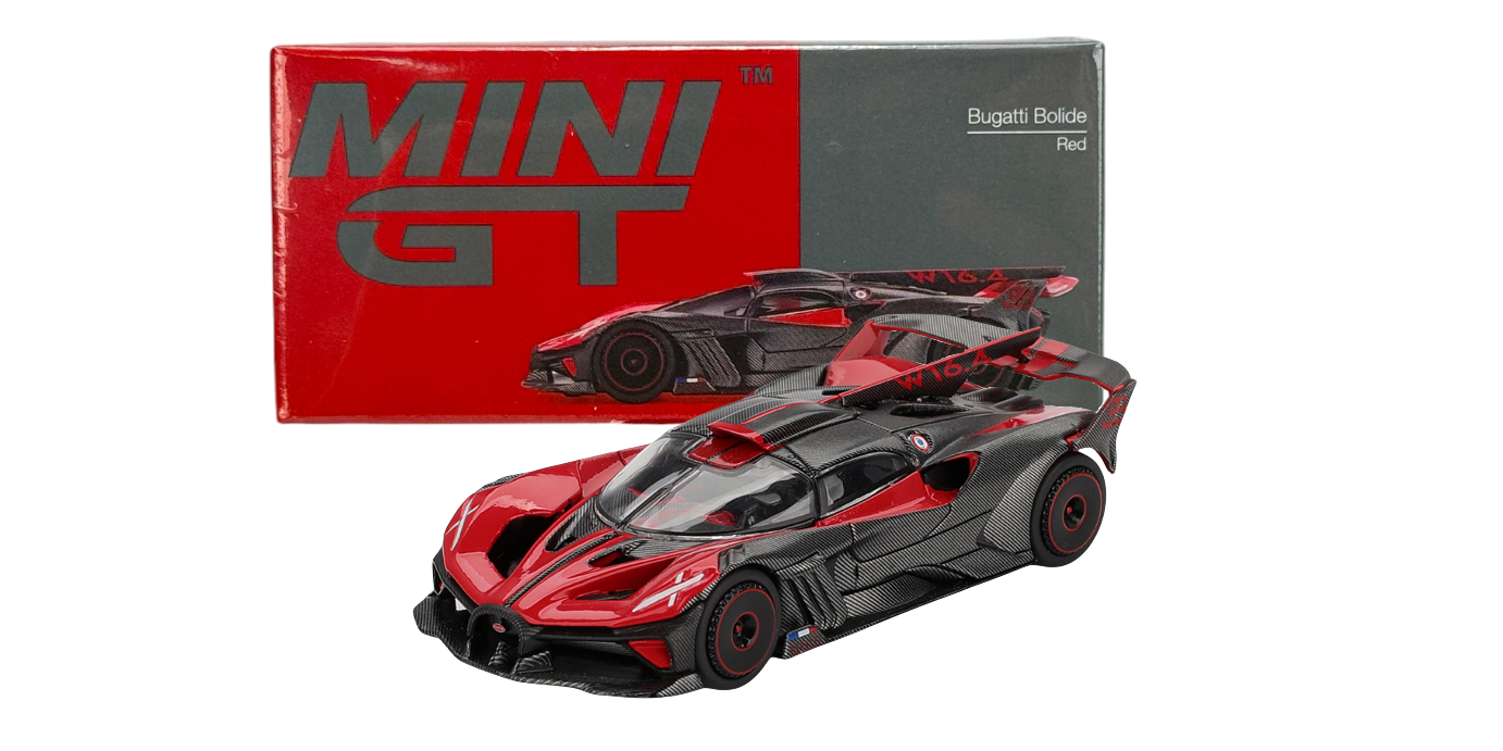 Model samochodu wyścigowego w kolorze czerwonym i czarnym, z widocznym napisem \'MINI GT\' na opakowaniu. Na pudełku znajduje się również napis \'Bugatti Bolide Red\'.