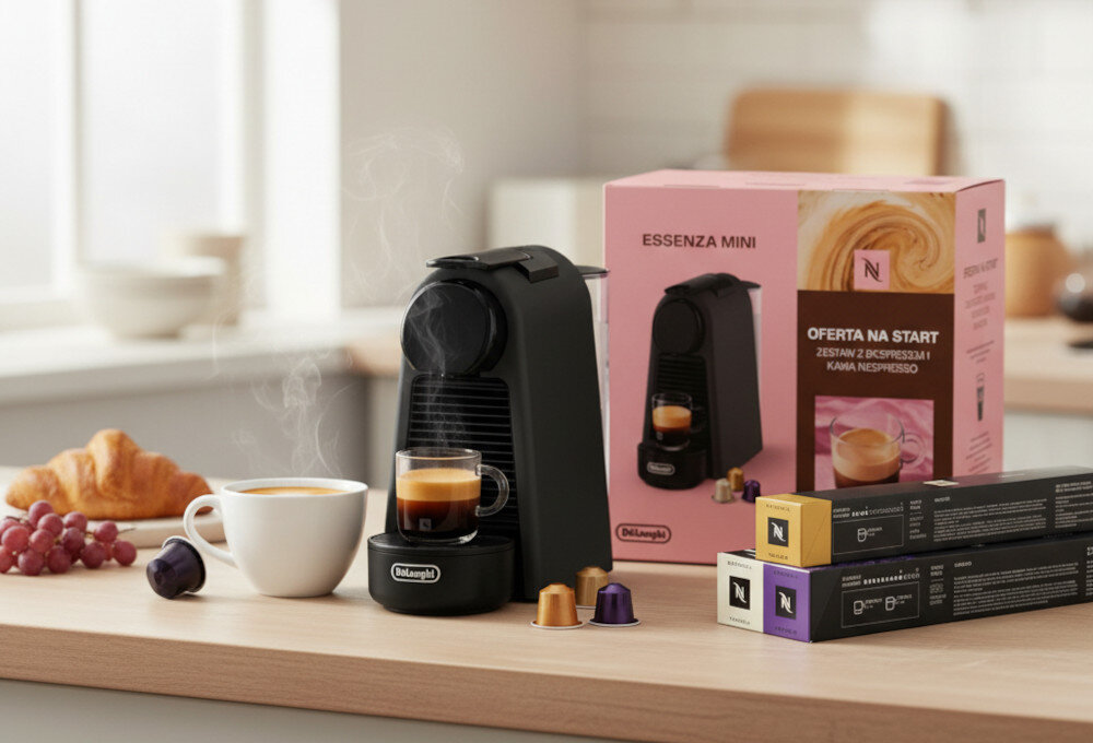 Na blacie kuchennym znajduje się czarny ekspres do kawy z filiżanką espresso, obok opakowanie z napisem \'ESSENZA MINI\' i \'OFERTA NA START ZESTAW Z EKSPRESEM I KAWA NESPRESSO\'. W tle widoczne są filiżanka z kawą, winogrona i rogalik.