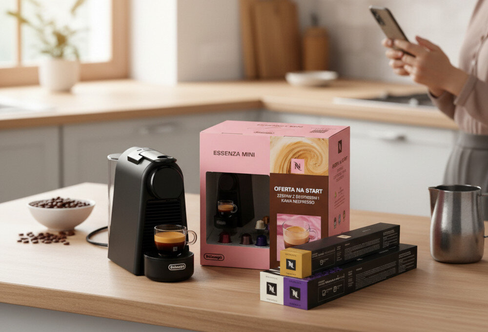Na blacie kuchennym stoi czarny ekspres do kawy z filiżanką, obok znajduje się różowe pudełko z napisem \'ESSENZA MINI OFERTA NA START ZESTAW Z EKSPRESEM I KAWA NESPRESSO\'. W tle widać osobę trzymającą telefon oraz kilka opakowań kapsułek do kawy.