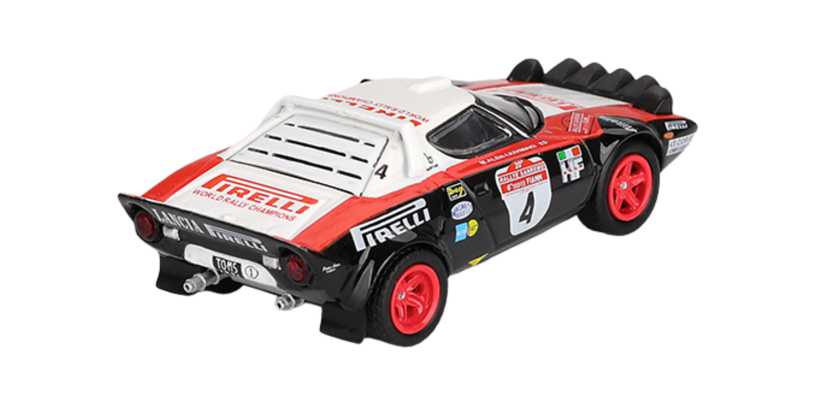 Model samochodu wyścigowego w skali 1:64 z numerem 4, w kolorach czarnym, białym i czerwonym, z widocznymi logotypami \'Pirelli\' i \'Lancia\'. Na karoserii znajdują się różne naklejki sponsorów oraz napis \'World Rally Champion\'.