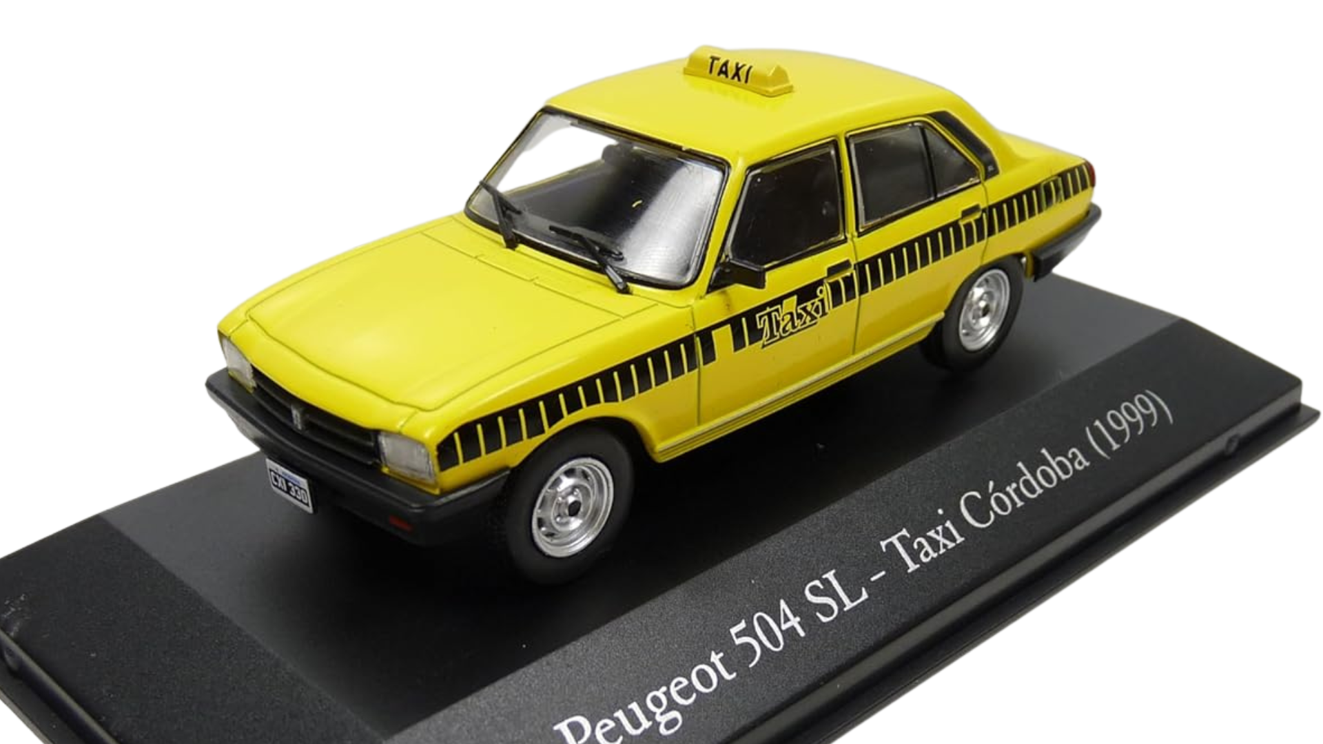 Model samochodu Peugeot 504 SL w wersji Taxi Córdoba z 1999 roku, w kolorze żółtym z czarnymi detalami, umieszczony na podstawce z napisem \'Peugeot 504 SL - Taxi Córdoba (1999)\'.