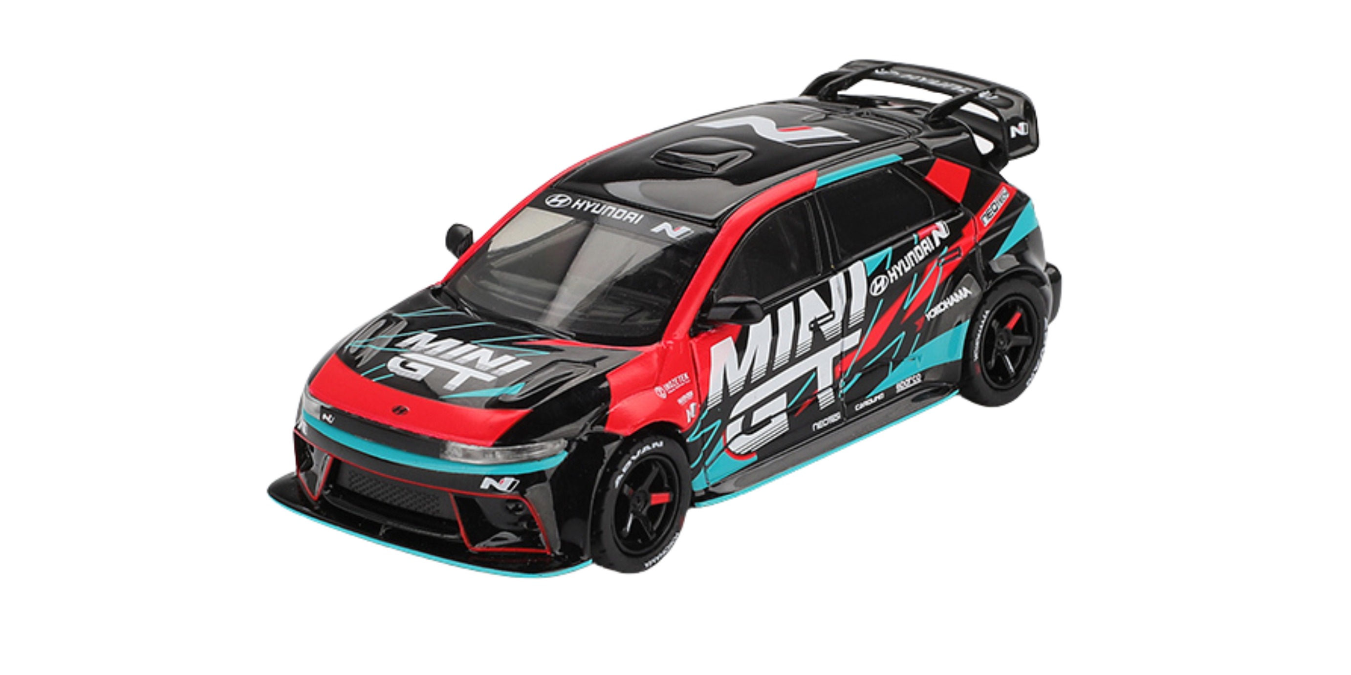 Model samochodu w skali 1:64 z napisem \'MINI GT\' na boku, w kolorach czarnym, czerwonym i turkusowym, z widocznym logo Hyundai na masce.