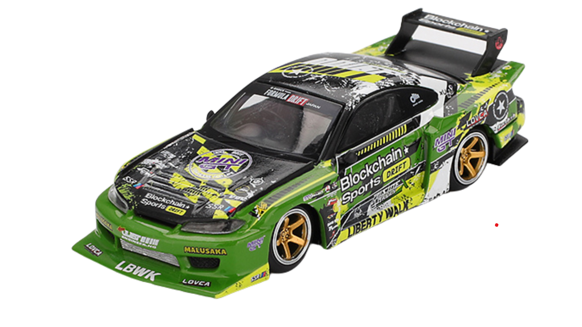 Model samochodu wyścigowego w skali 1:64, w kolorze zielonym z czarnymi i żółtymi akcentami, ozdobiony licznymi napisami i logo, w tym \'Blockchain Sports Drift\' i \'Liberty Walk\'.