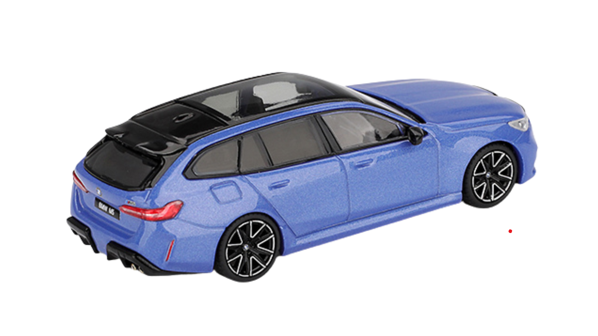 Model samochodu w kolorze niebieskim z czarnym dachem i srebrnymi felgami. Na tylnej klapie widoczny jest napis \'BMW M5\'.