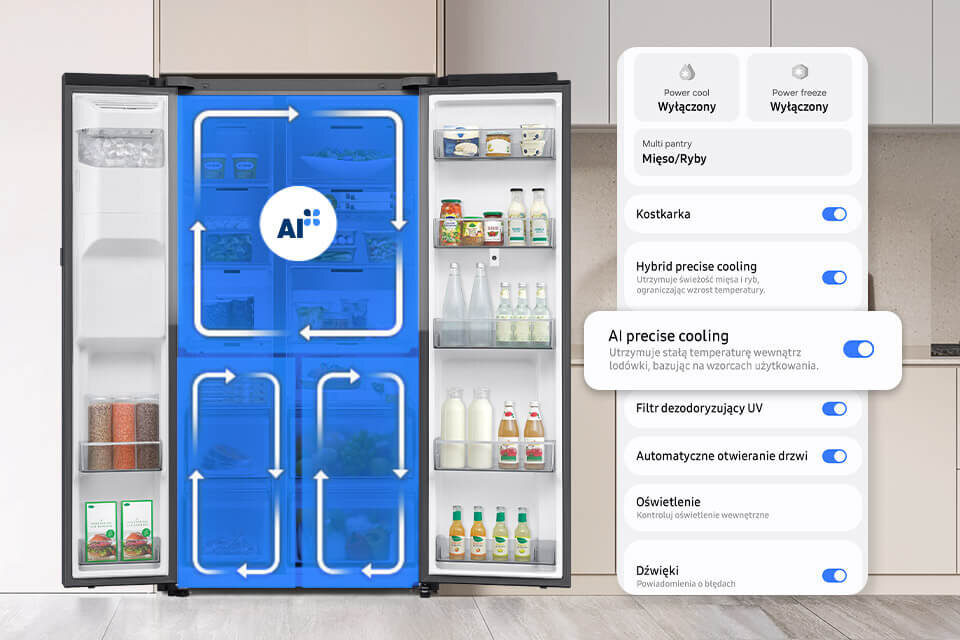 sztuczna inteligencja pomaga zachować stałą temperaturę w lodówce Samsung rs90f66befeo Otwarta lodówka z widocznymi produktami spożywczymi na półkach oraz niebieskim panelem z napisem \'AI\' i strzałkami wskazującymi cyrkulację powietrza. Obok lodówki znajduje się panel z ustawieniami, takimi jak \'Power cool\', \'Power freeze\', \'AI precise cooling\' i inne opcje z włączonymi przełącznikami.