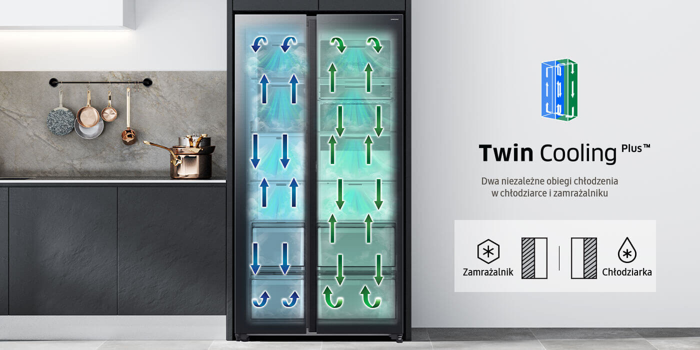 lodówka side by side rs90f66befeo z twin cooling plus Obraz przedstawia lodówkę z systemem Twin Cooling Plus™, z widocznymi strzałkami wskazującymi obiegi chłodzenia. Obok znajduje się tekst: \'Dwa niezależne obiegi chłodzenia w chłodziarce i zamrażalniku\' oraz ikony z podpisami \'Zamrażalnik\' i \'Chłodziarka\'.