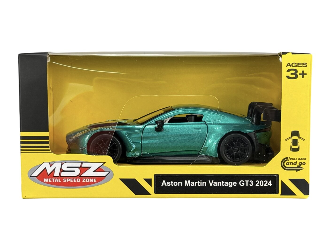 Model samochodu Aston Martin Vantage GT3 2024 w kolorze niebieskim, zapakowany w żółte pudełko z logo MSZ i napisem \'Ages 3+\'.