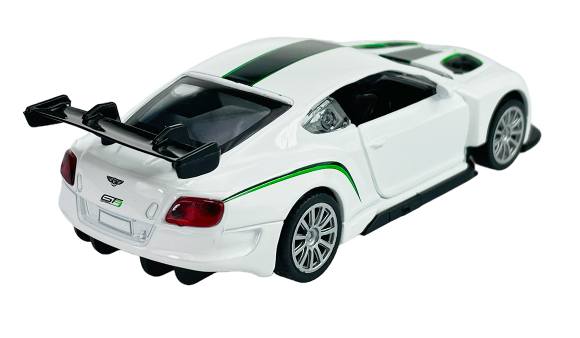 Model samochodu w skali 1:43 przedstawiający biały pojazd sportowy z czarnymi i zielonymi detalami oraz dużym tylnym spojlerem. Na tylnej części widoczne jest logo producenta i napis \'GT3\'.