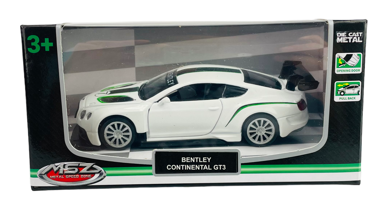 Model samochodu Bentley Continental GT3 w kolorze białym znajduje się w opakowaniu z przezroczystym frontem. Na opakowaniu widnieje napis \'BENTLEY CONTINENTAL GT3\' oraz logo \'MSZ Metal Speed Zone\'.