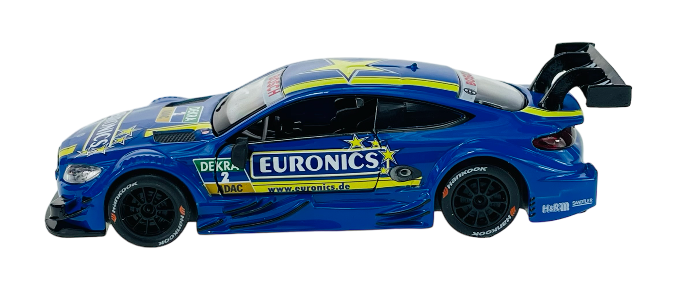 Model samochodu wyścigowego w kolorze niebieskim z żółtymi i białymi detalami, oznaczony logo \'EURONICS\'. Na karoserii widoczne są również inne napisy i logotypy, a pojazd posiada duży tylny spojler.