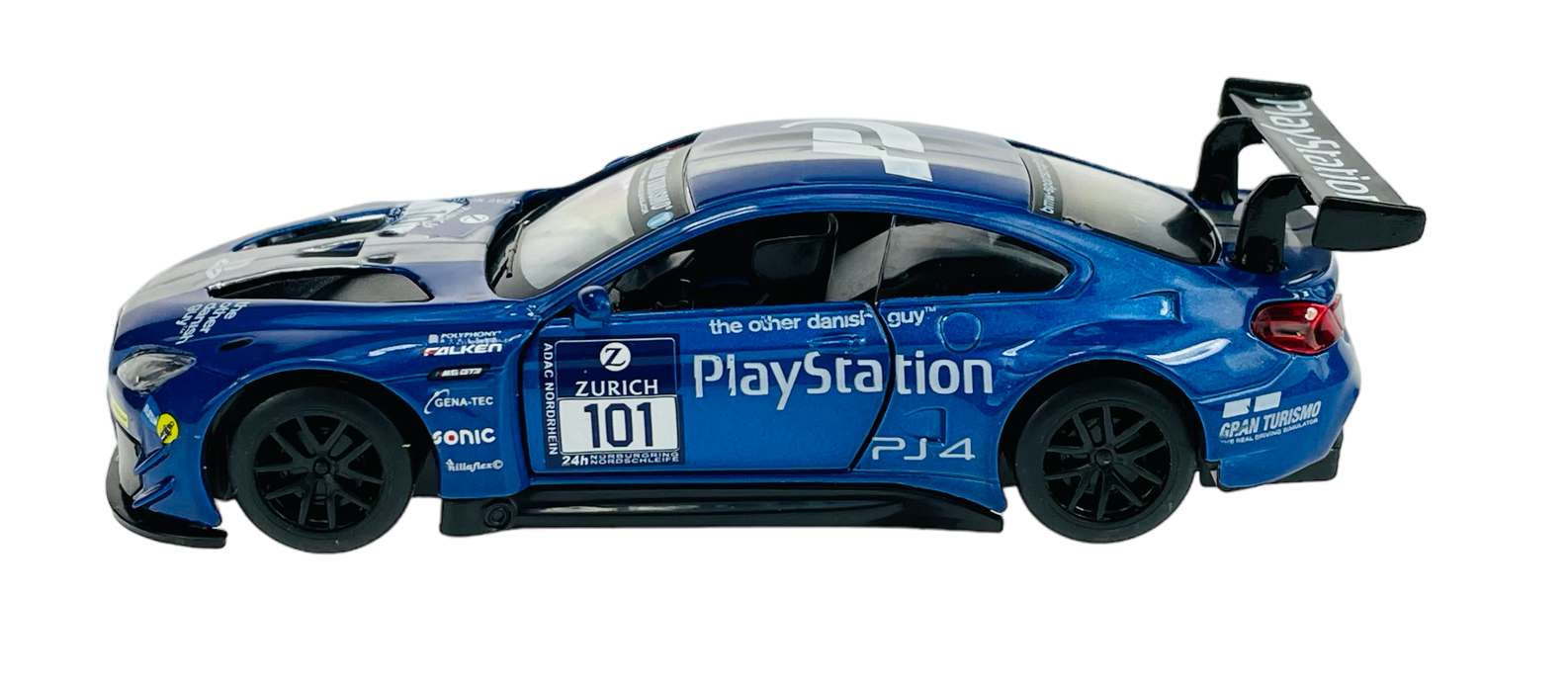 Model samochodu wyścigowego w kolorze niebieskim z widocznymi napisami \'PlayStation\', \'ZURICH 101\' oraz logo \'Gran Turismo\'. Samochód posiada czarne felgi i duży tylny spojler.