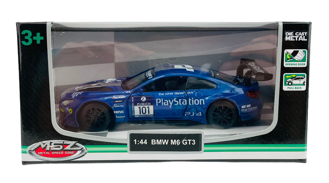 Model samochodu BMW M6 GT3 w skali 1:44, w kolorze niebieskim, znajduje się w opakowaniu z przezroczystym frontem. Na opakowaniu widoczne są napisy: \'3+\', \'Die Cast Metal\', \'Opening Door\', \'Pull Back\', \'MSZ Metal Speed Zone\', \'1:44 BMW M6 GT3\'.