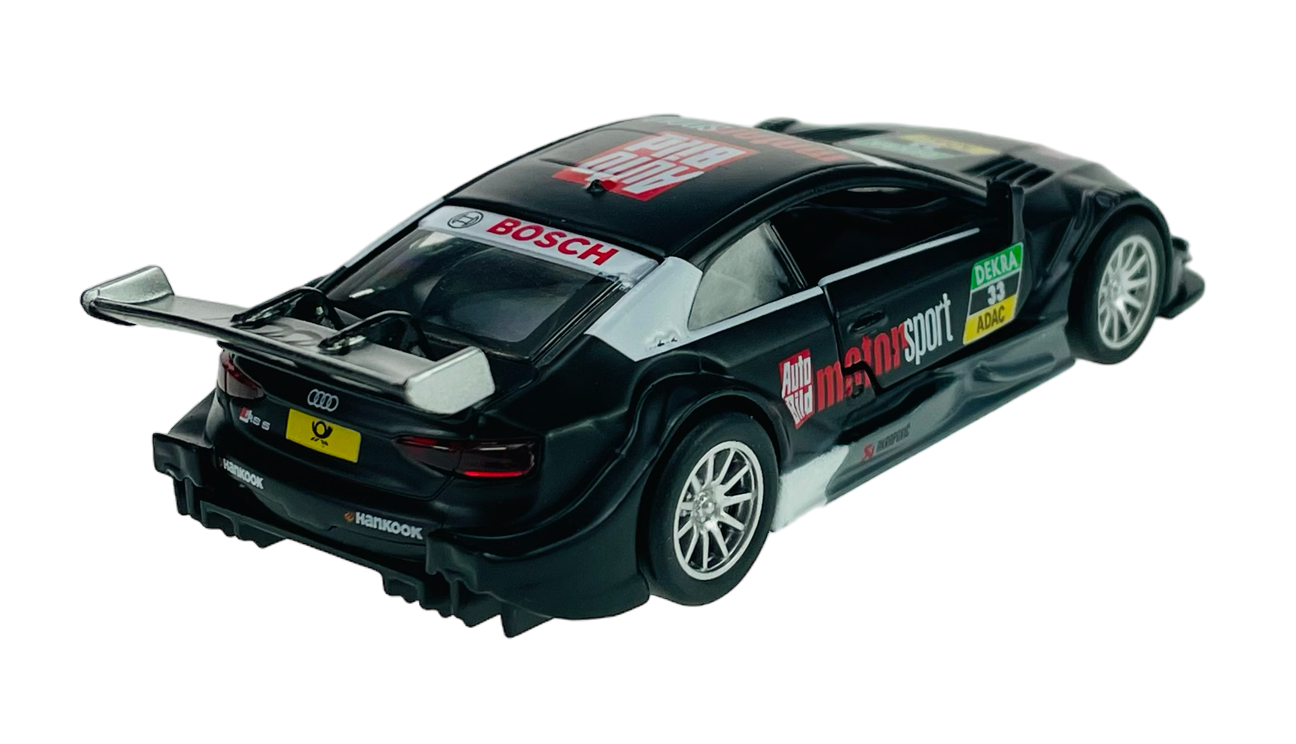 Model samochodu wyścigowego w skali 1:43, w kolorze czarnym z widocznymi naklejkami \'Bosch\', \'Auto Bild Motorsport\', \'DEKRA\', \'ADAC\' oraz logo Audi. Samochód posiada duży tylny spojler i szczegółowe felgi.