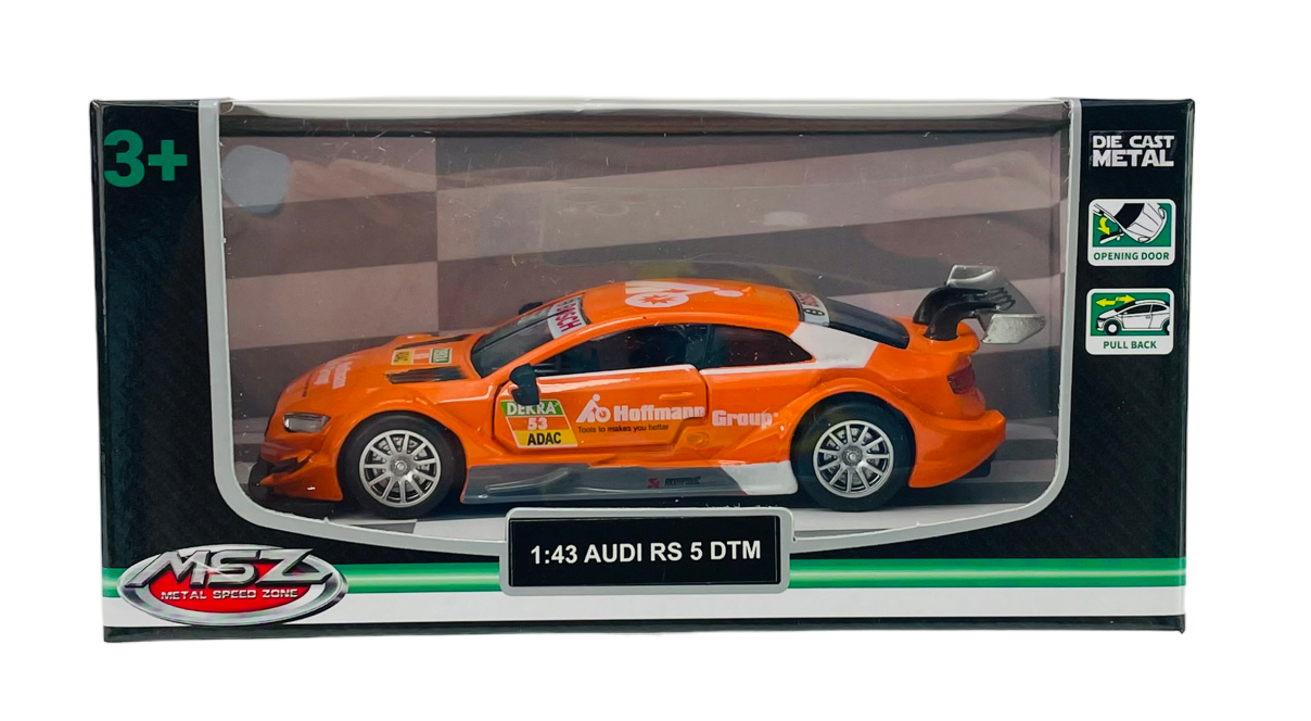 Model samochodu w skali 1:43 Audi RS 5 DTM w kolorze pomarańczowym, zapakowany w pudełko z przezroczystym frontem. Na opakowaniu widoczne są napisy \'MSZ Metal Speed Zone\', \'Die Cast Metal\', oraz oznaczenia funkcji otwieranych drzwi i mechanizmu pull back.