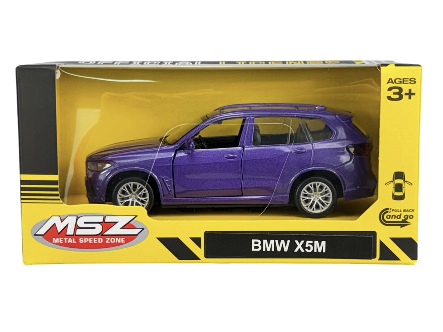 Model samochodu BMW X5M w kolorze fioletowym znajduje się w żółtym opakowaniu z przezroczystym frontem. Na opakowaniu widnieje logo \'MSZ Metal Speed Zone\' oraz napis \'BMW X5M\'.