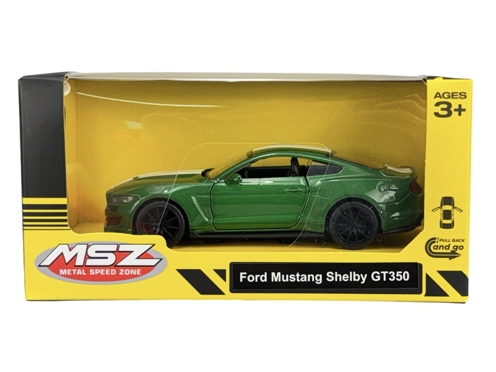 Zielony model samochodu Ford Mustang Shelby GT350 w opakowaniu z napisem \'MSZ Metal Speed Zone\' oraz \'Ford Mustang Shelby GT350\'. Opakowanie jest żółte z czarnymi elementami i oznaczeniem \'Ages 3+\'.