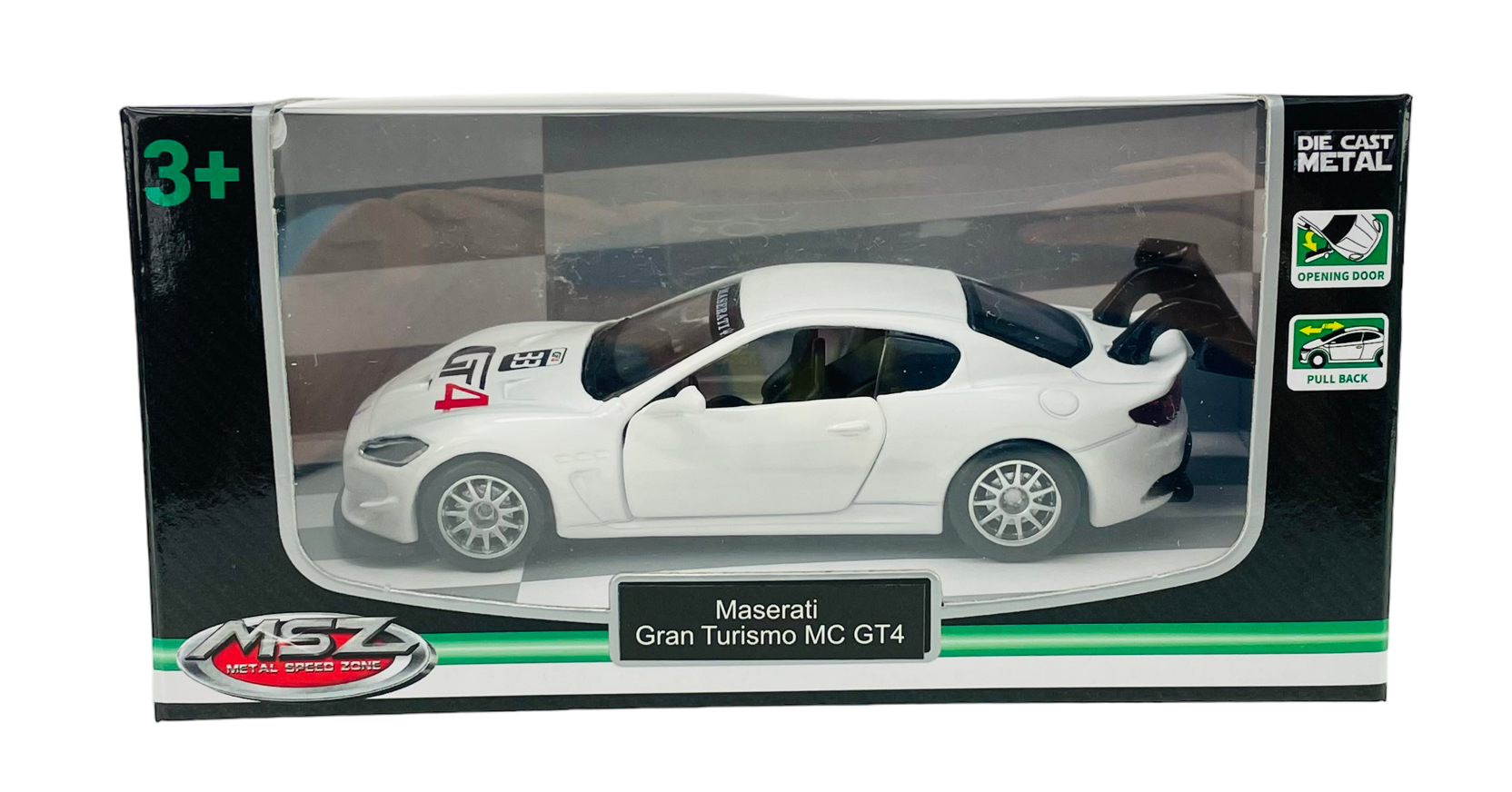 Model samochodu Maserati Gran Turismo MC GT4 w kolorze białym znajduje się w opakowaniu z przezroczystym frontem. Na opakowaniu widnieje napis \'MSZ Metal Speed Zone\' oraz informacje o funkcjach otwieranych drzwi i mechanizmie pull back.
