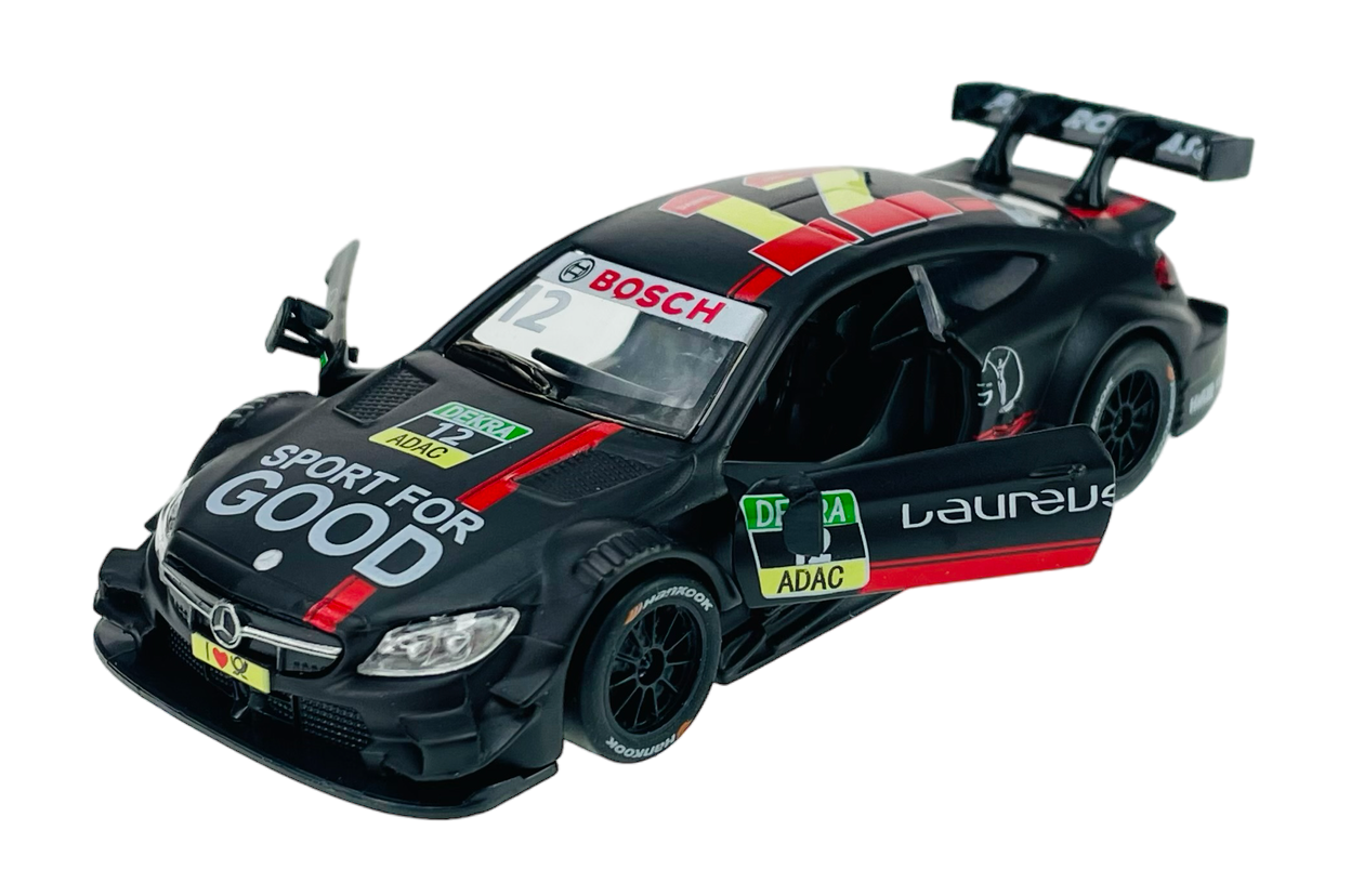 Model samochodu wyścigowego w kolorze czarnym z otwartymi drzwiami, ozdobiony napisami \'SPORT FOR GOOD\', \'BOSCH\', \'ADAC\' oraz logo producenta. Na masce i dachu widoczne są czerwone i żółte pasy.