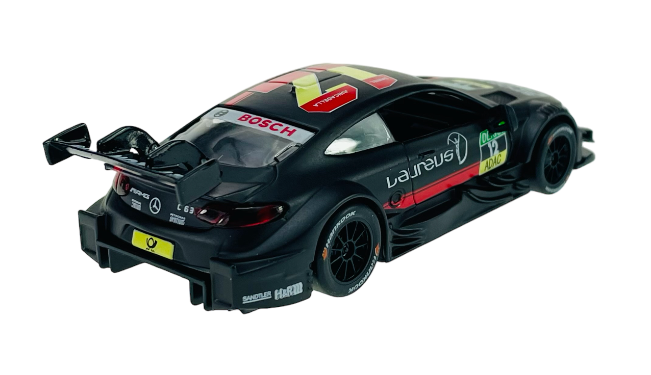 Model samochodu wyścigowego w skali 1:43, w kolorze czarnym z widocznymi logotypami \'Bosch\', \'Laurus\', \'ADAC\' oraz innymi oznaczeniami wyścigowymi. Samochód posiada duży tylny spojler i szczegółowe elementy aerodynamiczne.