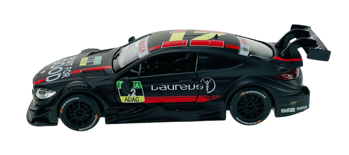 Model samochodu wyścigowego w skali 1:43, w kolorze czarnym z czerwonymi i zielonymi akcentami, z widocznymi napisami \'Laureus\' i \'ADAC\'. Na dachu widoczny numer \'17\'.
