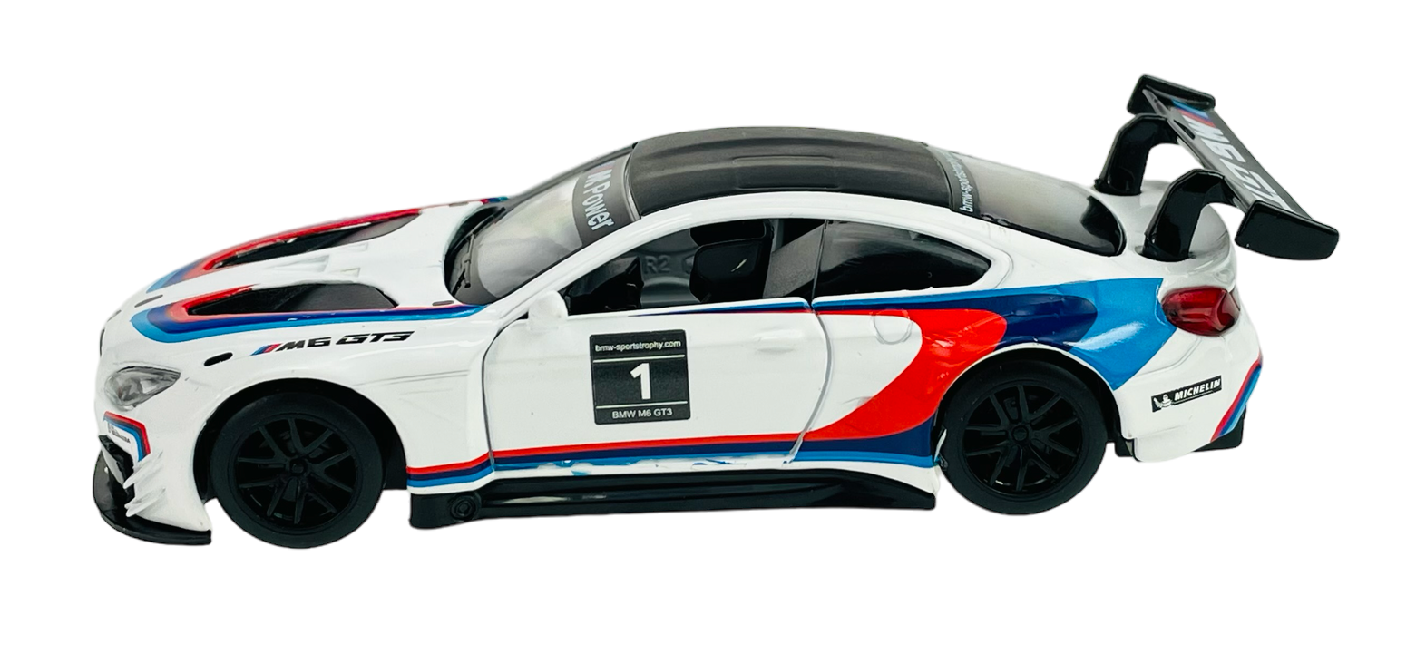 Model samochodu wyścigowego w skali 1:44, w kolorze białym z niebiesko-czerwonymi akcentami i czarnymi kołami. Na boku widoczny jest numer \'1\' oraz napis \'BMW M6 GT3\'.