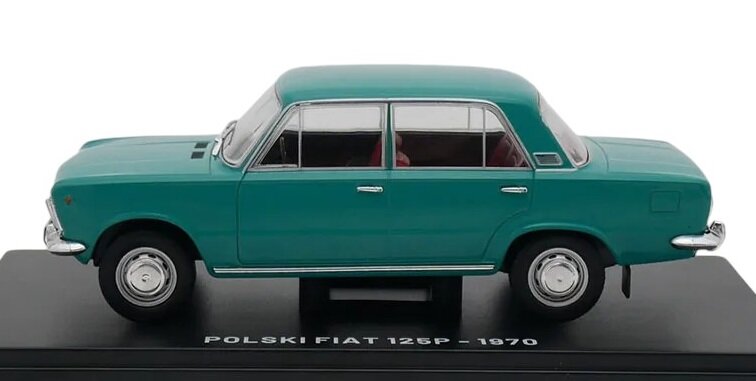 Model samochodu w kolorze zielonym umieszczony na czarnej podstawce z napisem \'POLSKI FIAT 125P - 1970\'.