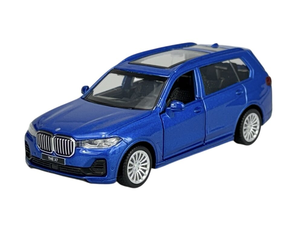 Model samochodu w kolorze niebieskim z otwartymi drzwiami i widocznym wnętrzem. Na tablicy rejestracyjnej widnieje napis \'THE X7\'.