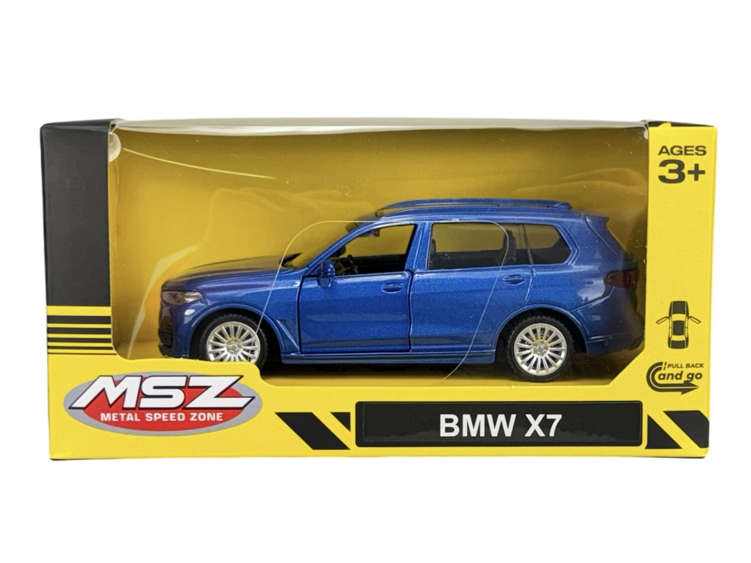 Model samochodu BMW X7 w kolorze niebieskim znajduje się w żółtym opakowaniu z przezroczystym frontem. Na opakowaniu widnieje napis \'MSZ Metal Speed Zone\' oraz \'BMW X7\'.