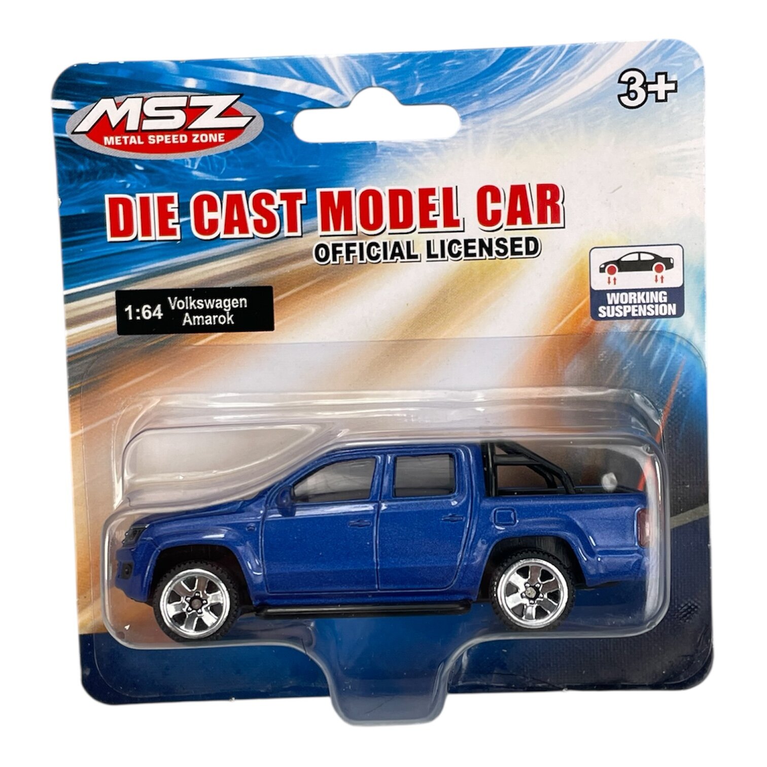 Opakowanie z modelem samochodu w skali 1:64, przedstawiające niebieski Volkswagen Amarok. Na opakowaniu widnieje napis \'MSZ Metal Speed Zone\', \'DIE CAST MODEL CAR\', \'OFFICIAL LICENSED\' oraz \'WORKING SUSPENSION\'.