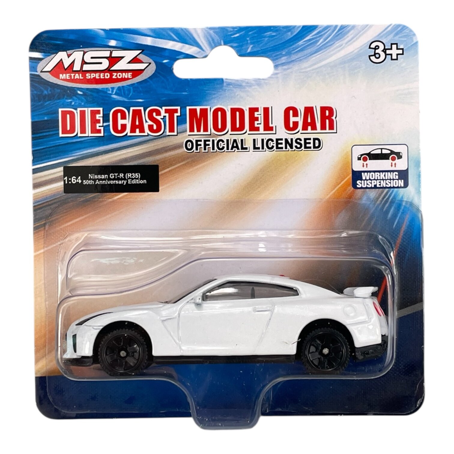 Opakowanie modelu samochodu w skali 1:64, przedstawiające biały Nissan GT-R (R35) 50th Anniversary Edition. Na opakowaniu widnieje napis \'DIE CAST MODEL CAR OFFICIAL LICENSED\' oraz logo \'MSZ METAL SPEED ZONE\'.