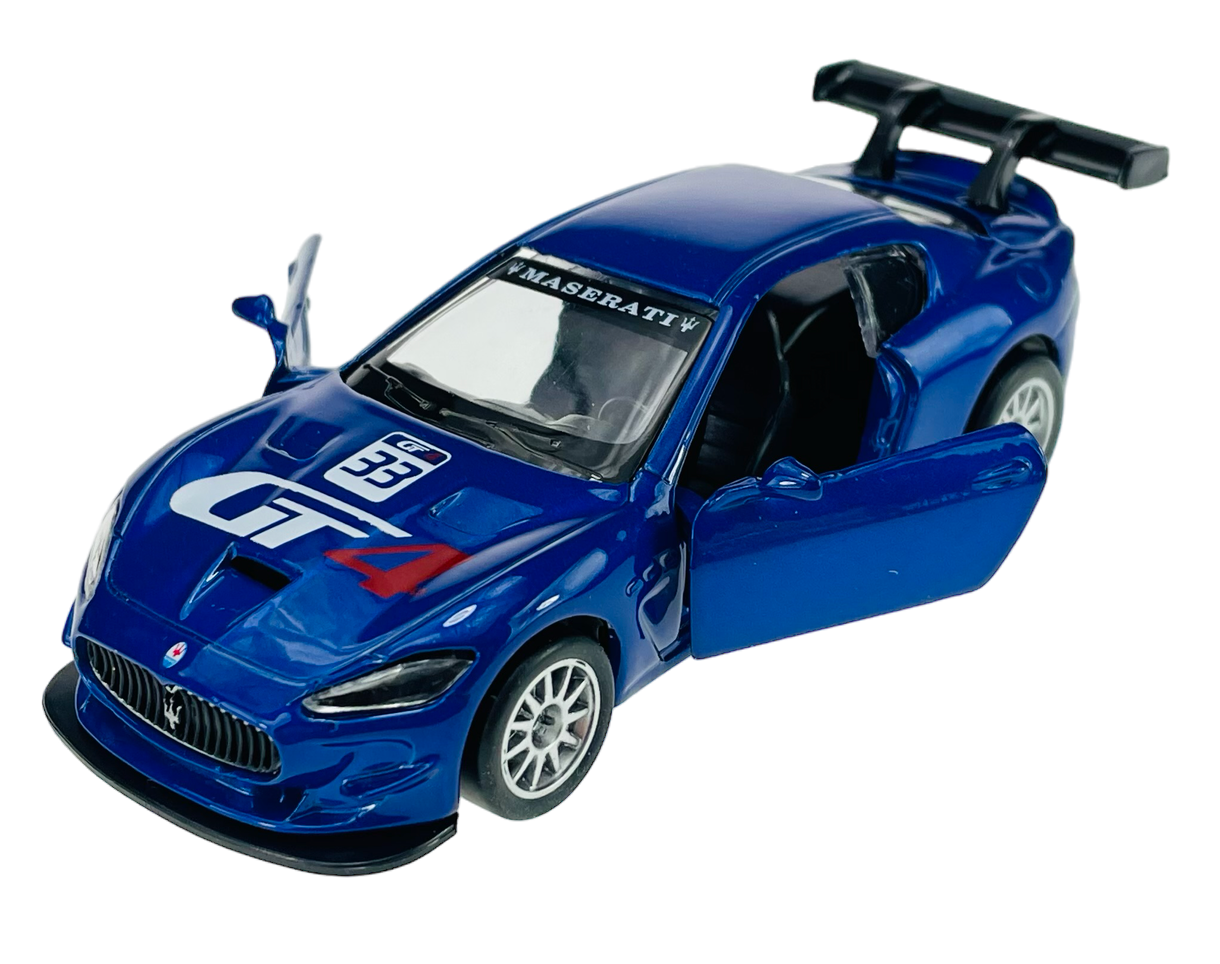 Niebieski model samochodu wyścigowego z otwartymi drzwiami i dużym tylnym spojlerem. Na masce widoczny jest numer \'33\' oraz napis \'GT4\'.