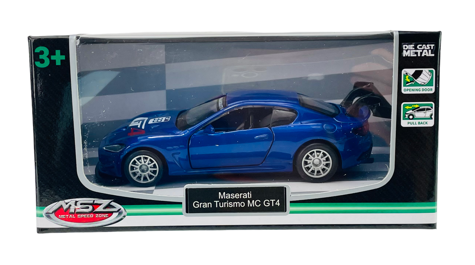 Model samochodu Maserati Gran Turismo MC GT4 w kolorze niebieskim znajduje się w opakowaniu z przezroczystym frontem. Na opakowaniu widnieją napisy: \'3+\', \'Die Cast Metal\', \'Opening Door\', \'Pull Back\', oraz logo \'MSZ Metal Speed Zone\'.