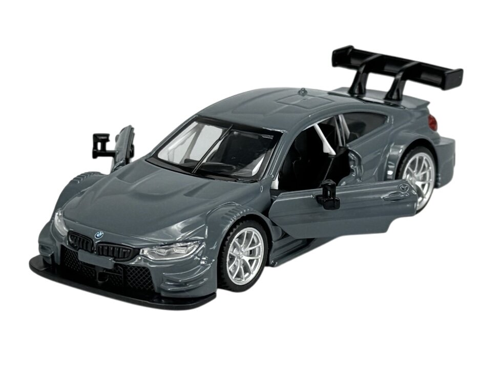 Model samochodu w kolorze szarym z otwartymi drzwiami i dużym tylnym spojlerem. Na masce widoczne jest logo BMW.