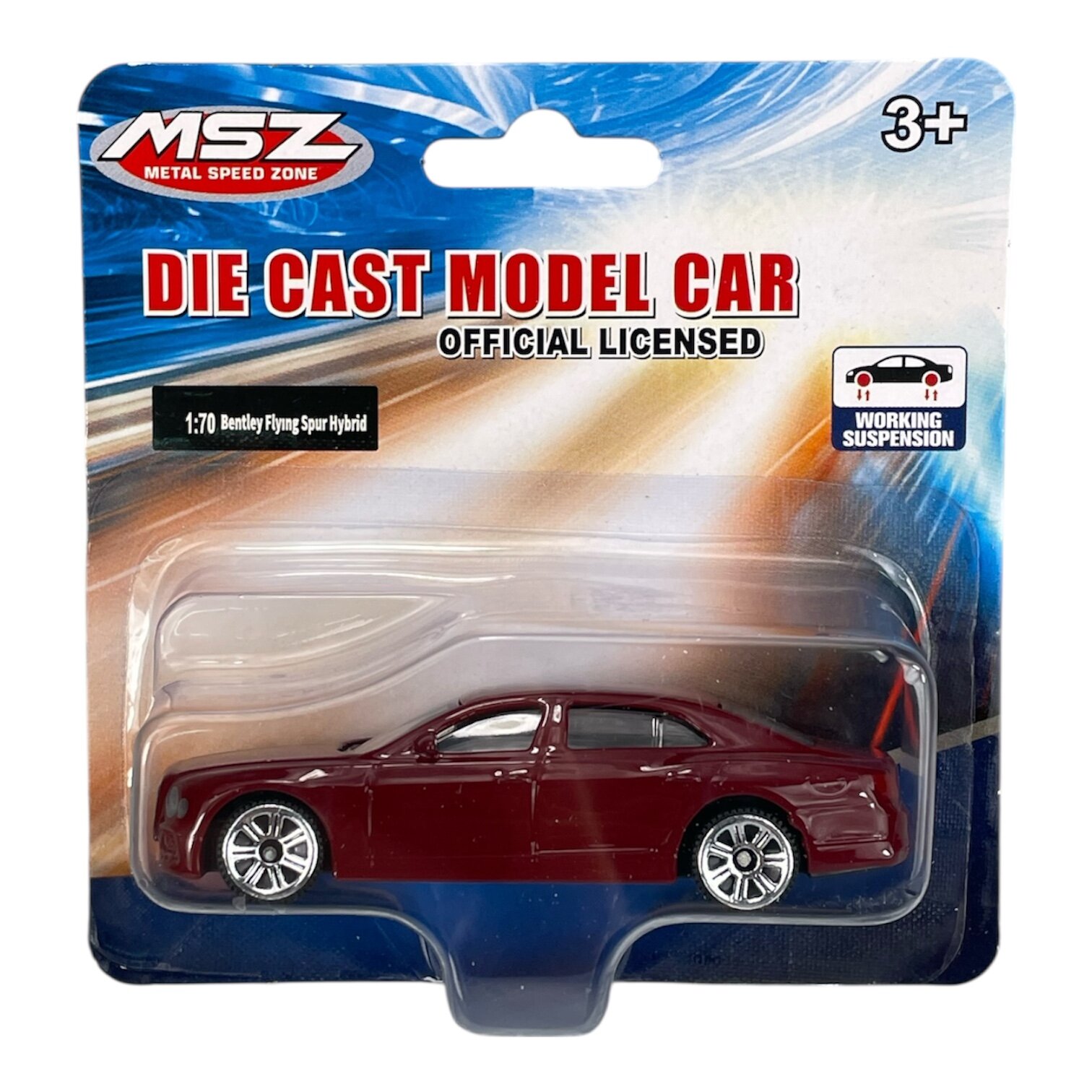 Opakowanie z modelem samochodu w skali 1:70, przedstawiające czerwony pojazd. Na opakowaniu widnieje napis \'DIE CAST MODEL CAR OFFICIAL LICENSED\' oraz logo \'MSZ METAL SPEED ZONE\'.