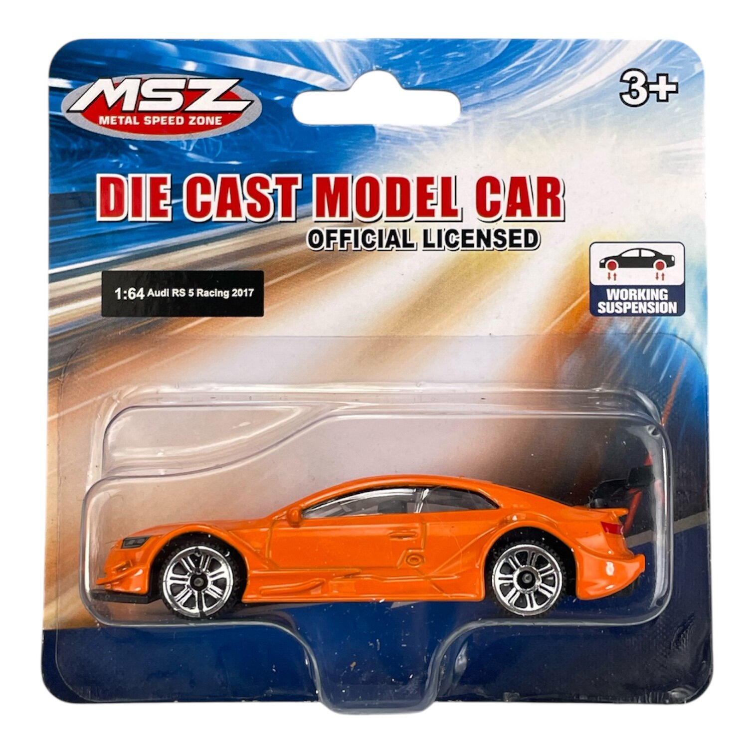 Opakowanie z modelem samochodu w skali 1:64, Audi RS 5 Racing 2017, w kolorze pomarańczowym. Na opakowaniu widnieje napis \'MSZ Metal Speed Zone\', \'DIE CAST MODEL CAR OFFICIAL LICENSED\' oraz \'WORKING SUSPENSION\'.