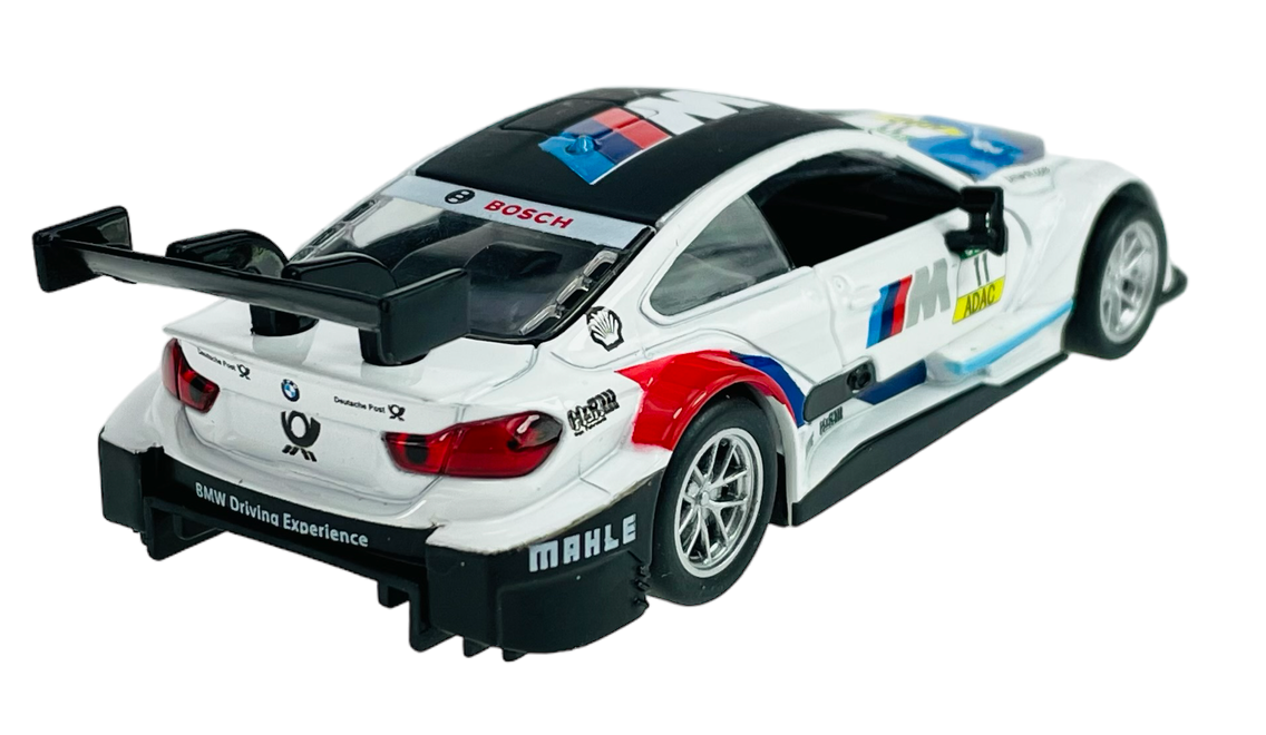 Model samochodu wyścigowego w skali 1:44, w kolorze białym z czarnymi i czerwonymi akcentami, posiadający logo BMW oraz napisy \'BMW Driving Experience\' i \'MAHLE\'.