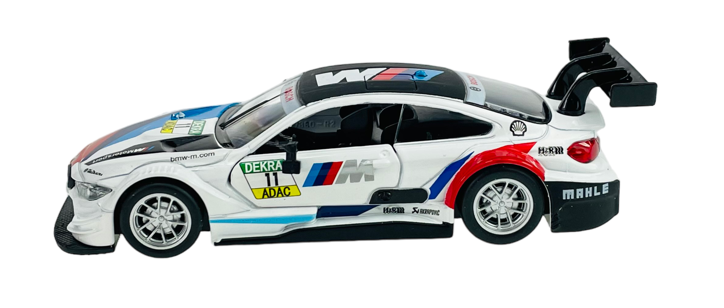 Model samochodu wyścigowego w skali 1:44, w kolorze białym z kolorowymi akcentami i naklejkami sponsorów, takimi jak \'DEKRA\' i \'ADAC\'. Na dachu widoczne jest logo \'W\'.