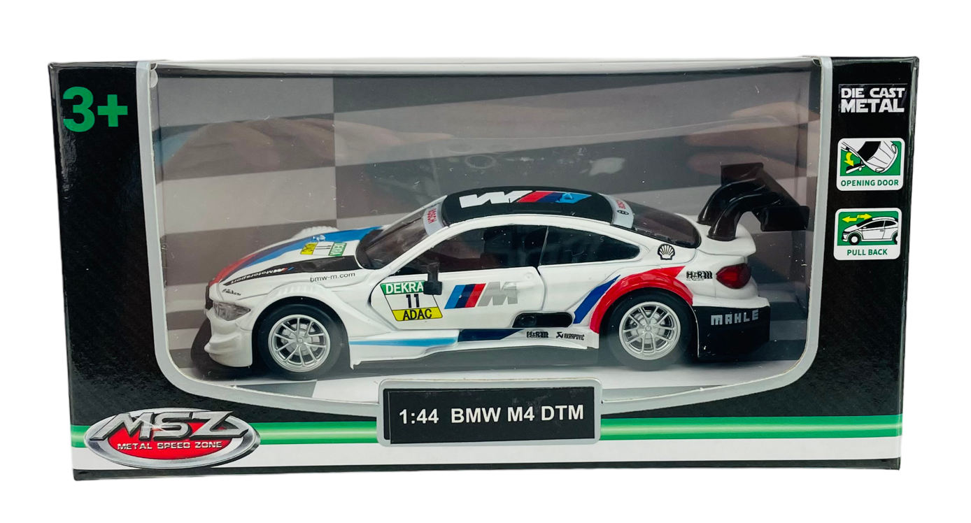 Model samochodu BMW M4 DTM w skali 1:44 w kolorze białym z kolorowymi detalami, umieszczony w przezroczystym opakowaniu z napisem \'MSZ Metal Speed Zone\'. Na opakowaniu widoczne są oznaczenia \'3+\', \'Die Cast Metal\', \'Opening Door\', \'Pull Back\'.