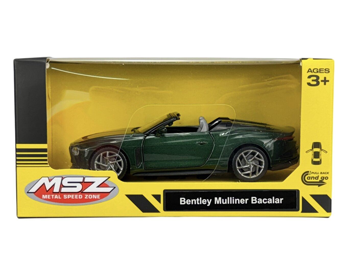 Model samochodu Bentley Mulliner Bacalar w kolorze zielonym, zapakowany w żółte pudełko z napisem \'MSZ METAL SPEED ZONE\' oraz \'Bentley Mulliner Bacalar\'.