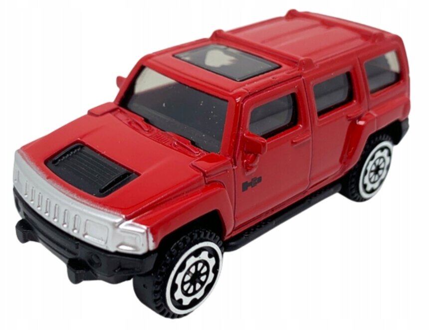Czerwony model samochodu terenowego z czarnymi i srebrnymi detalami oraz białymi obręczami kół. Na boku widoczny jest napis \'H3\'.