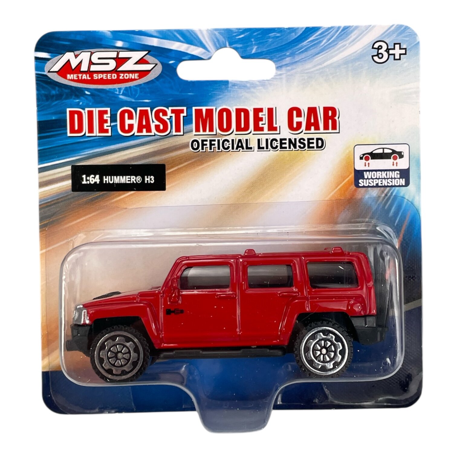 Opakowanie z modelem samochodu w skali 1:64, przedstawiające czerwony pojazd Hummer H3. Na opakowaniu widnieje napis \'MSZ METAL SPEED ZONE DIE CAST MODEL CAR OFFICIAL LICENSED\' oraz \'WORKING SUSPENSION\'.